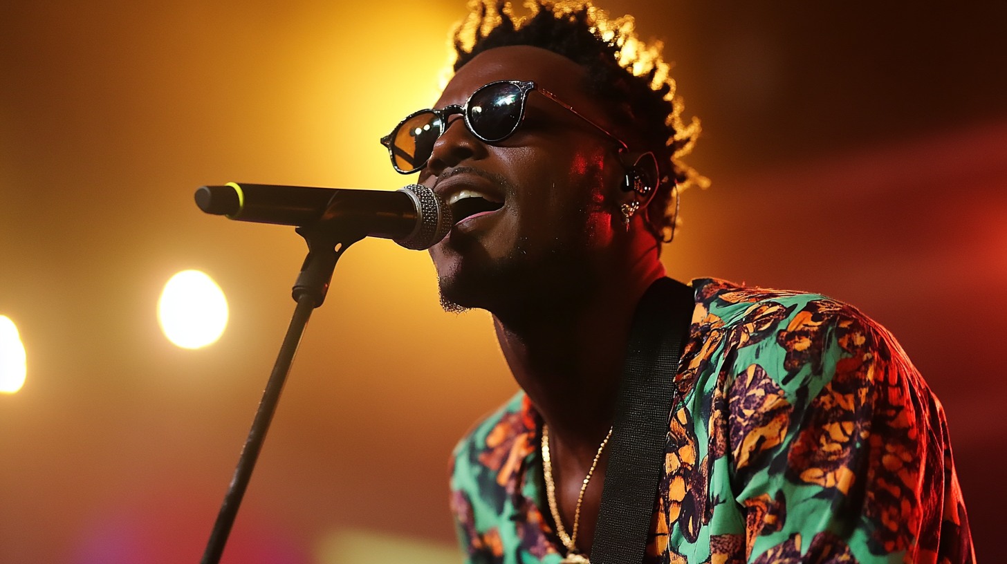 un homme qui porte des lunettes de soleil noires chante