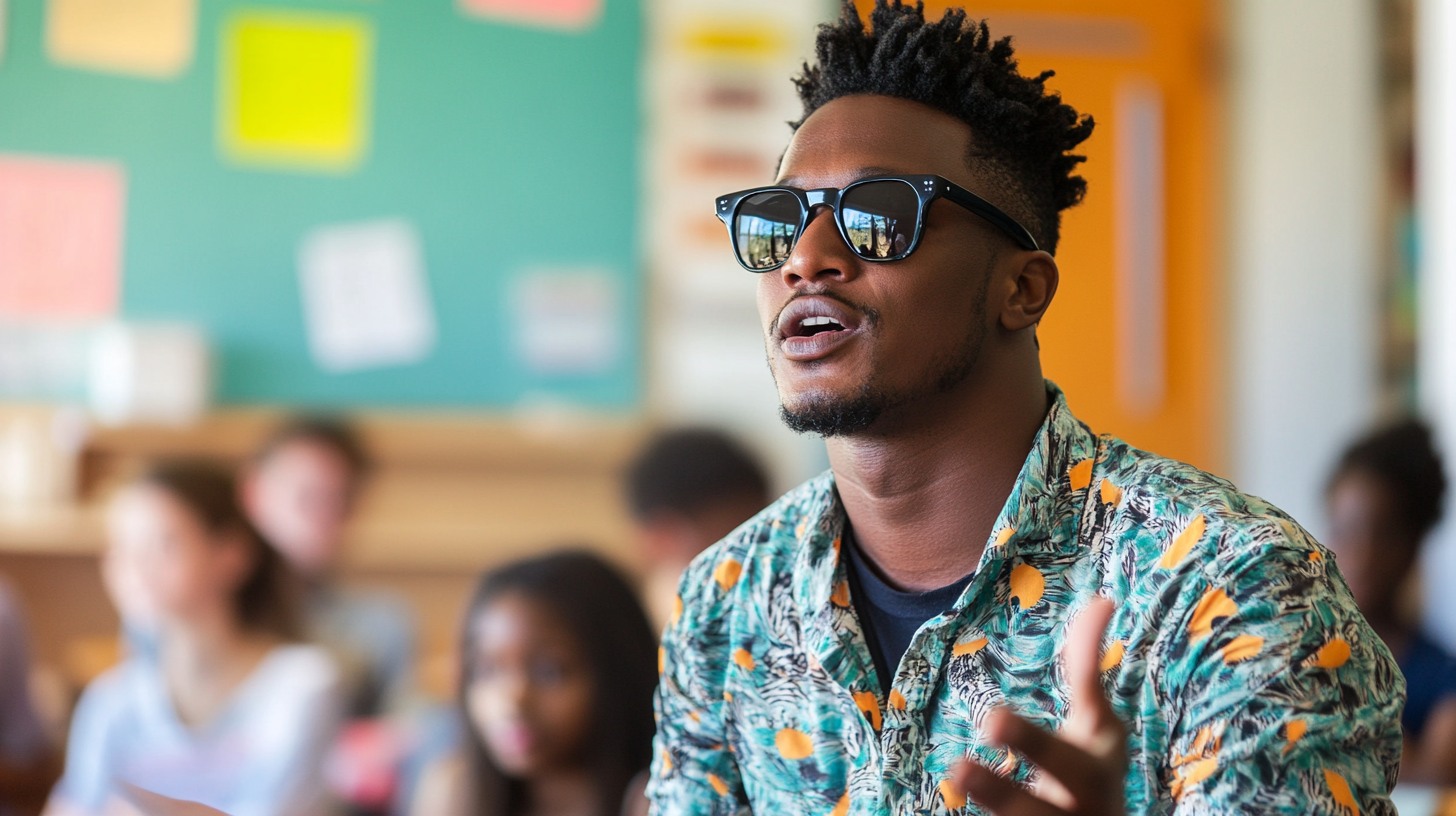 un homme qui porte des lunettes de soleil noires parle à des adolescents dans une salle de classe
